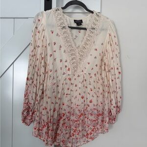 Floral Lace Trim Blouse - Cream and Red